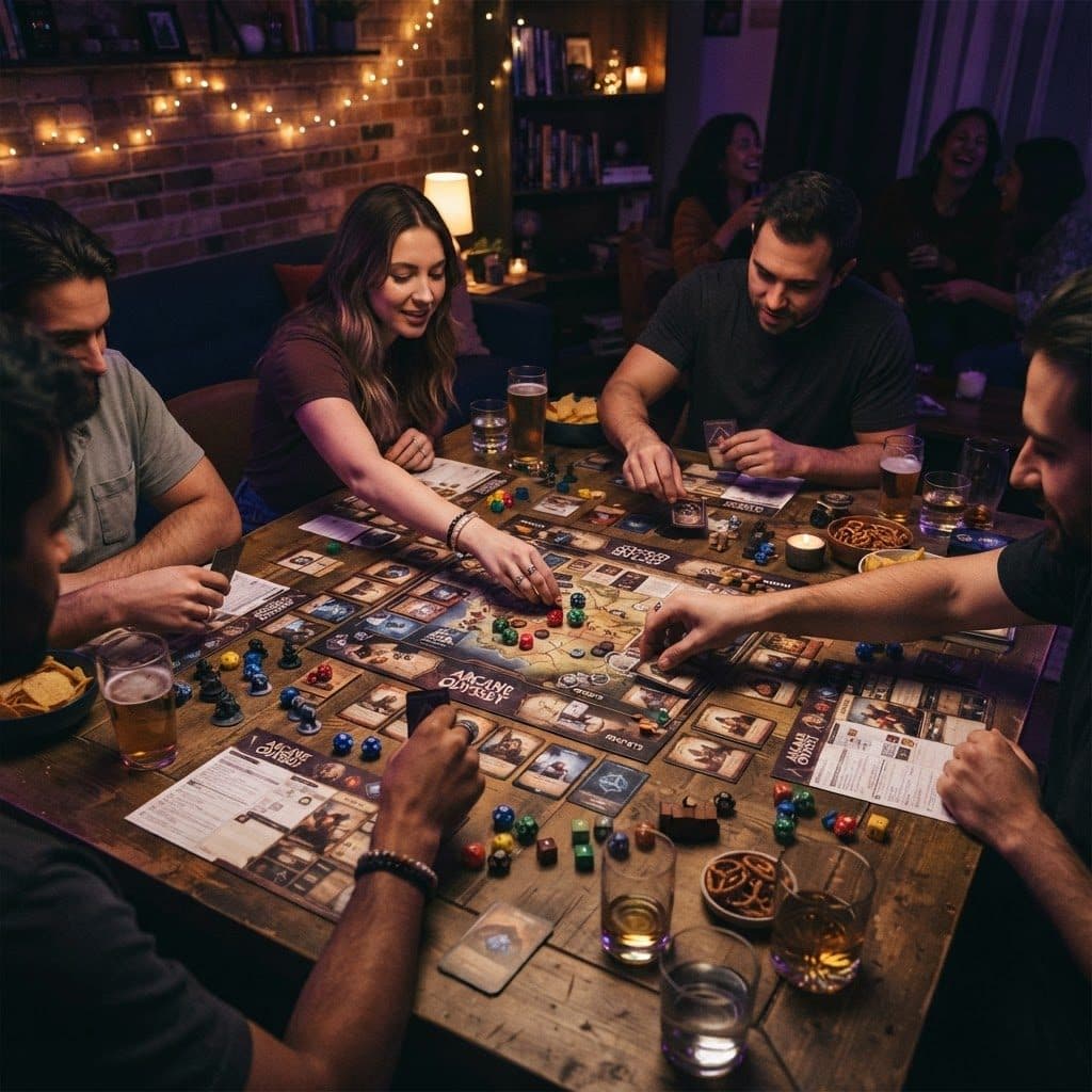 Friends playing a board game around a table